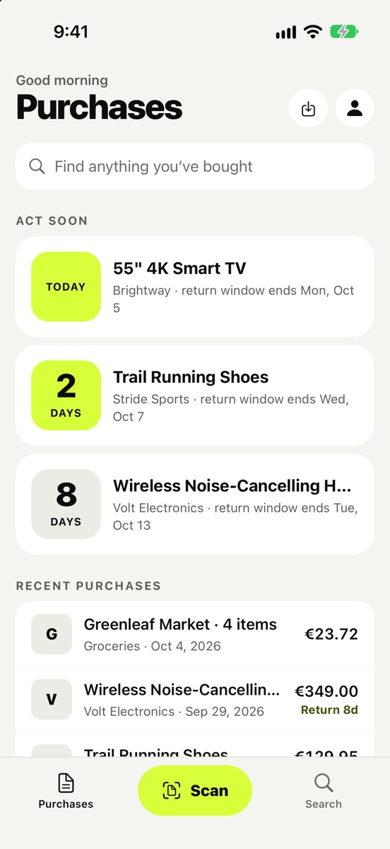 Purchases with return windows counting down